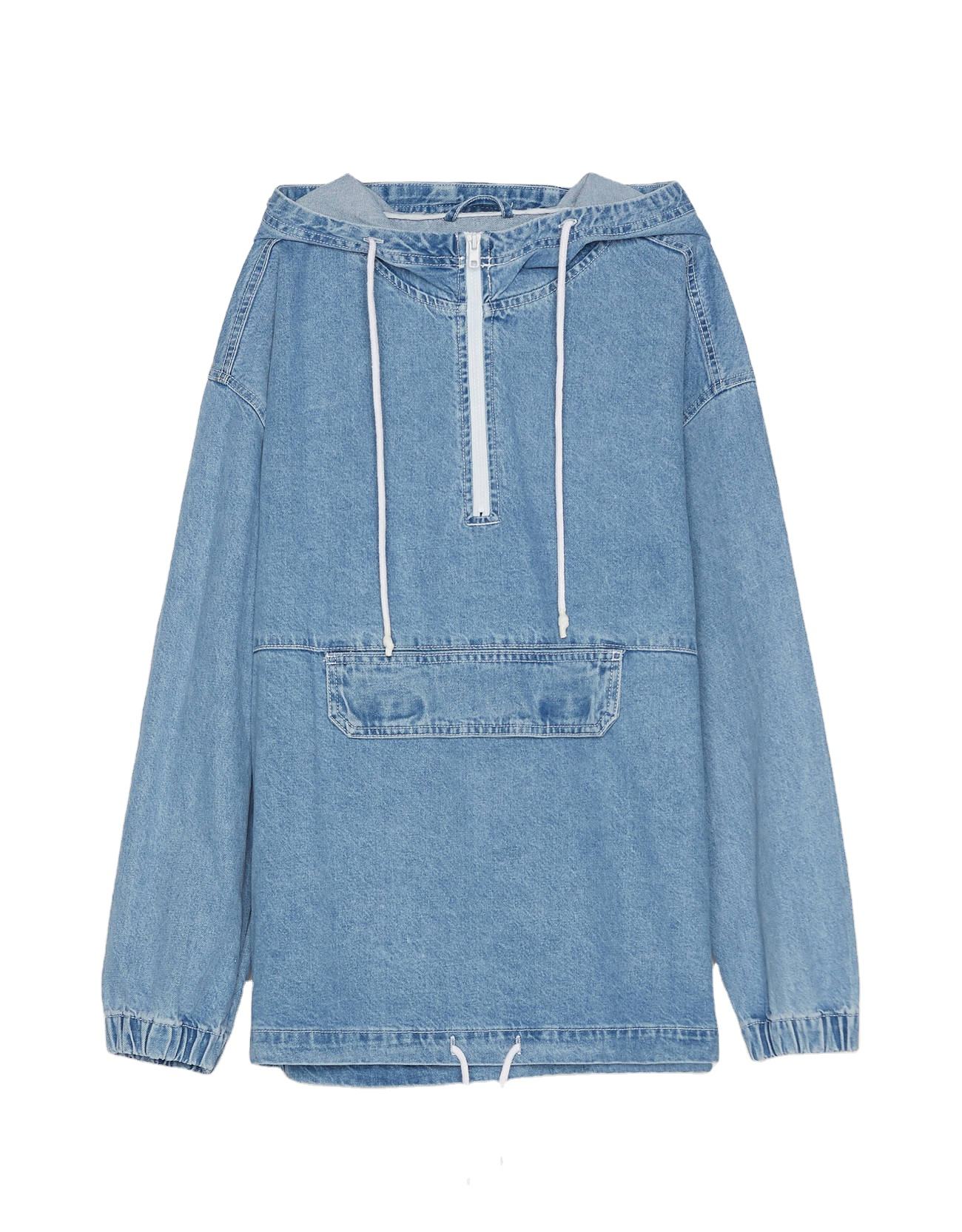 Custom Light Blue Denim Pouch Pocket Oversized Pullover Jacket Men Hoodie