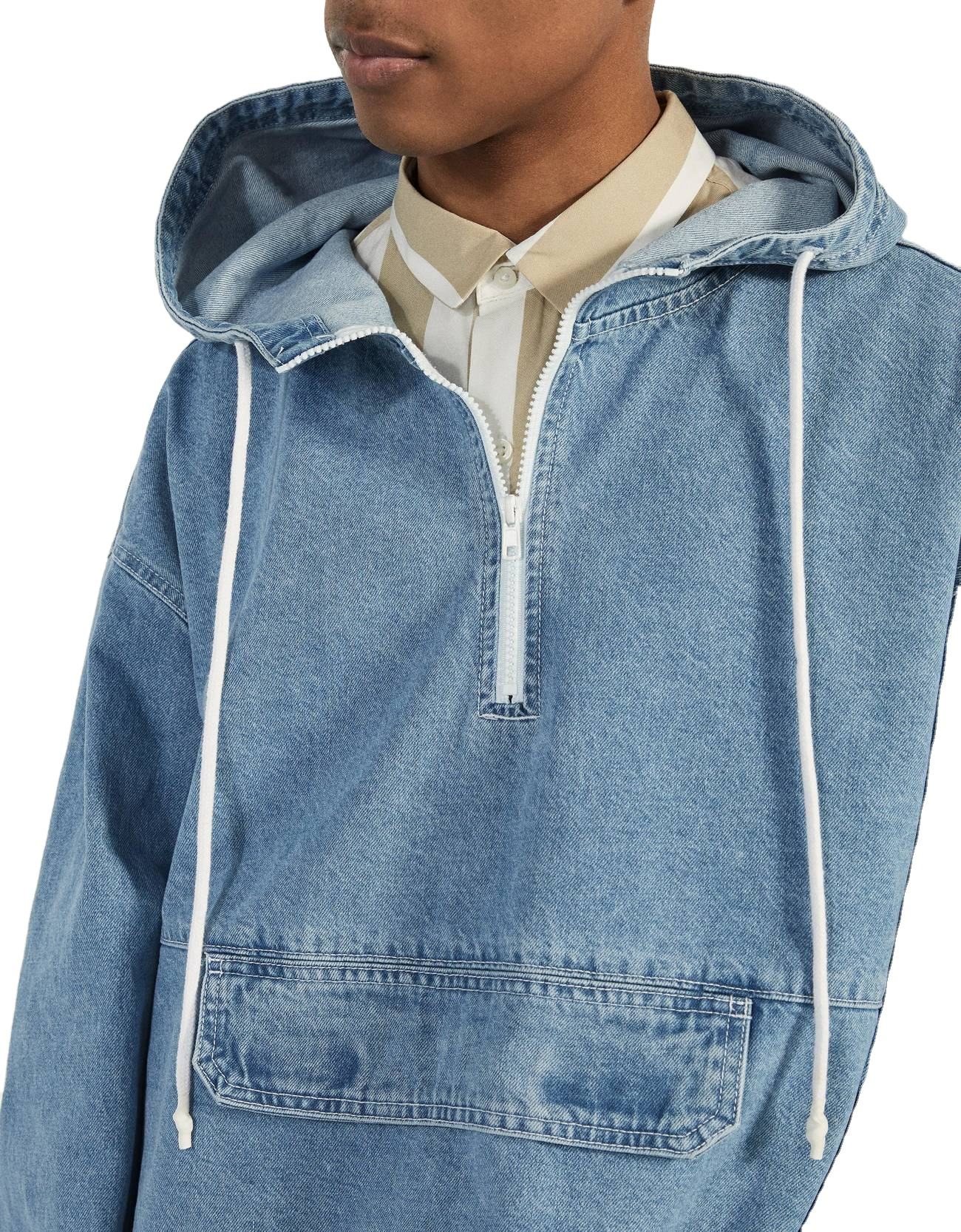 Custom Light Blue Denim Pouch Pocket Oversized Pullover Jacket Men Hoodie