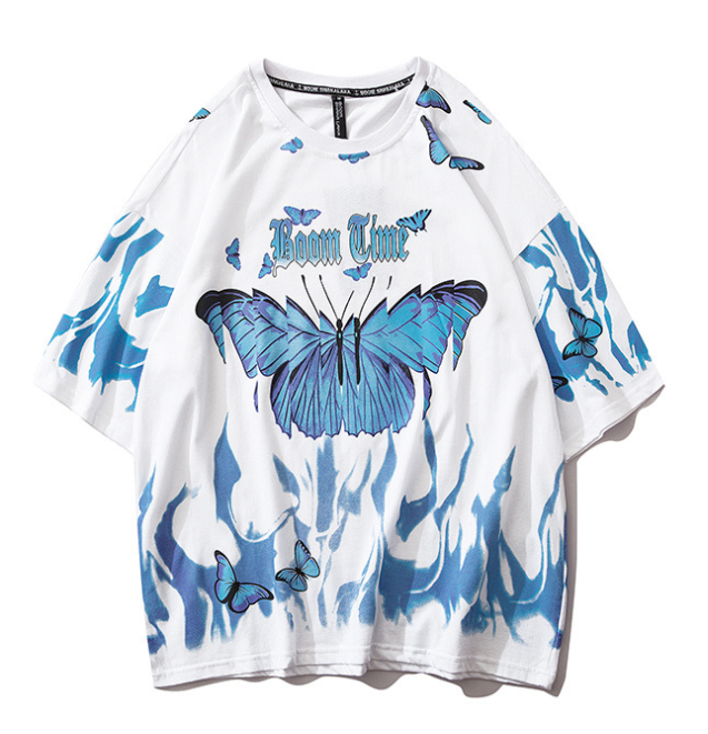 Flame Butterfly Hip Hop Streetwear T Shirt Men Summer Casual Cotton Harajuku Half Sleeve Mens Tops Oversized T Shirt