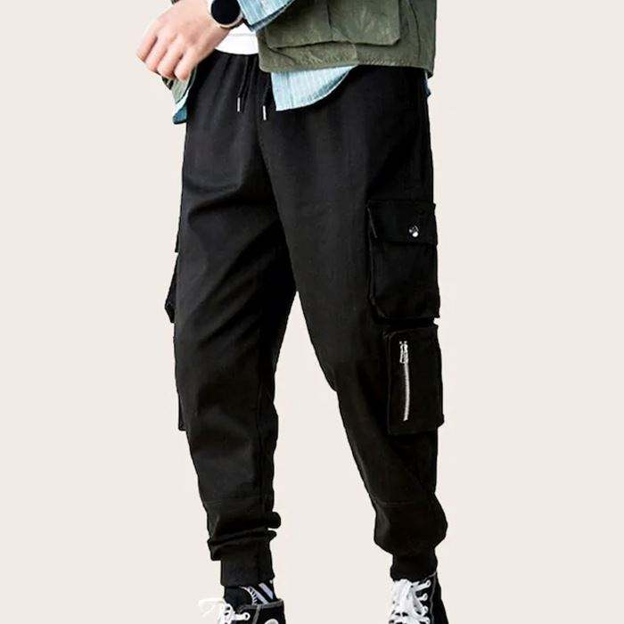 Custom Streetwear Pánske Cargo nohavice s čiernym zipsom a sťahovacou šnúrkou