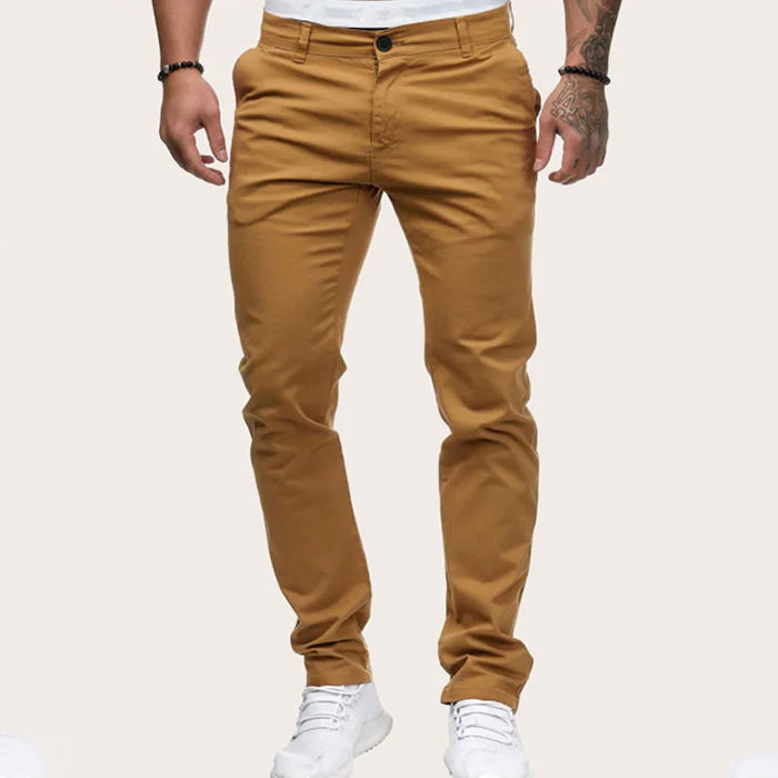 Fashion Pants Men Solid Color Button Mid Waist Casual Pants