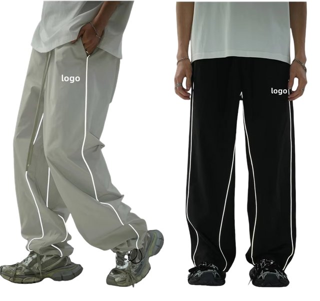 Custom Loose Fit Waterproof Nylon Fabric Utility Baggy Pants Casual Trousers Reflective Piping Striped Track Running Pants