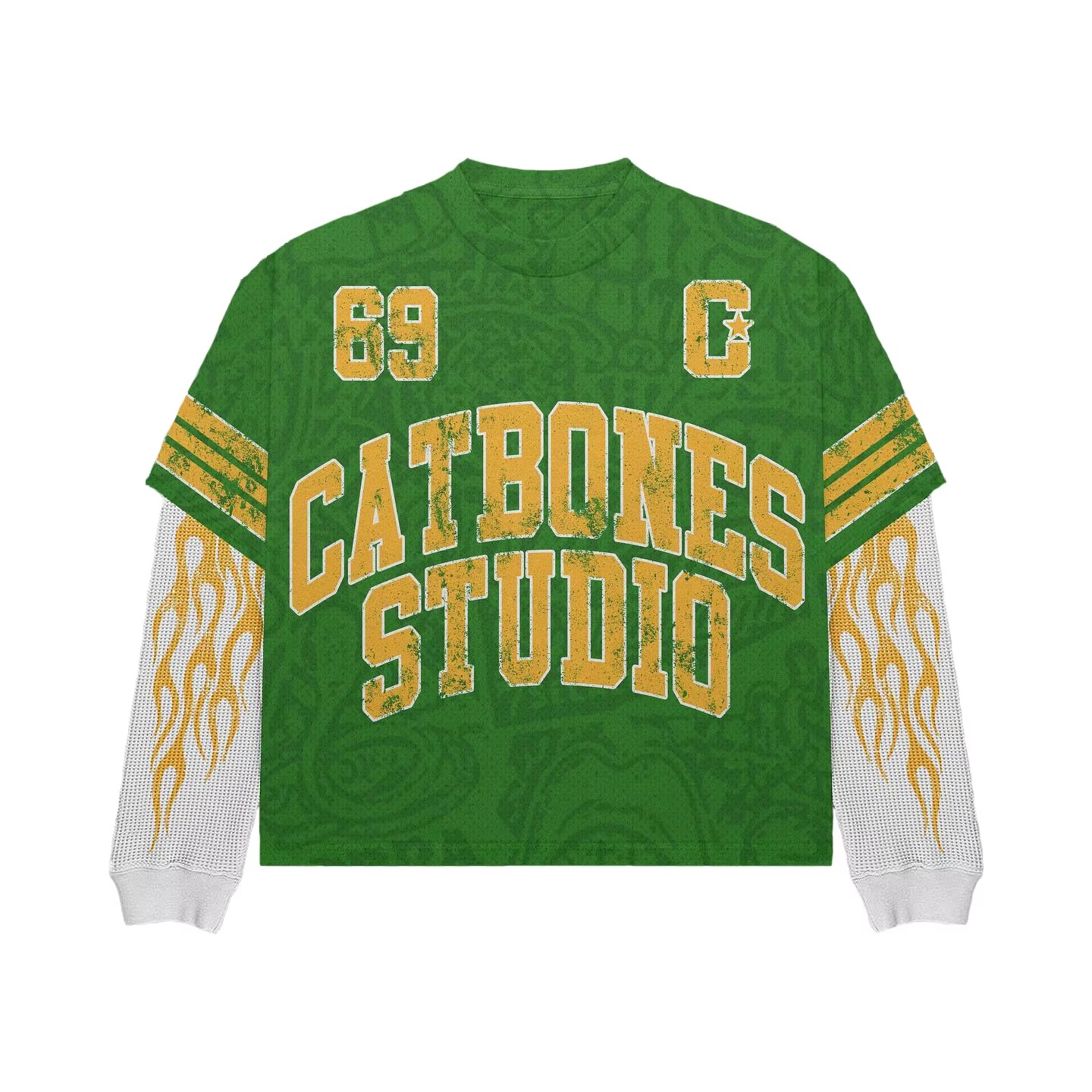 T-shirt a maniche lunghe a doppio strato con maniche a fiamma hip-hop premium in cotone oversize con stampa grafica personalizzata