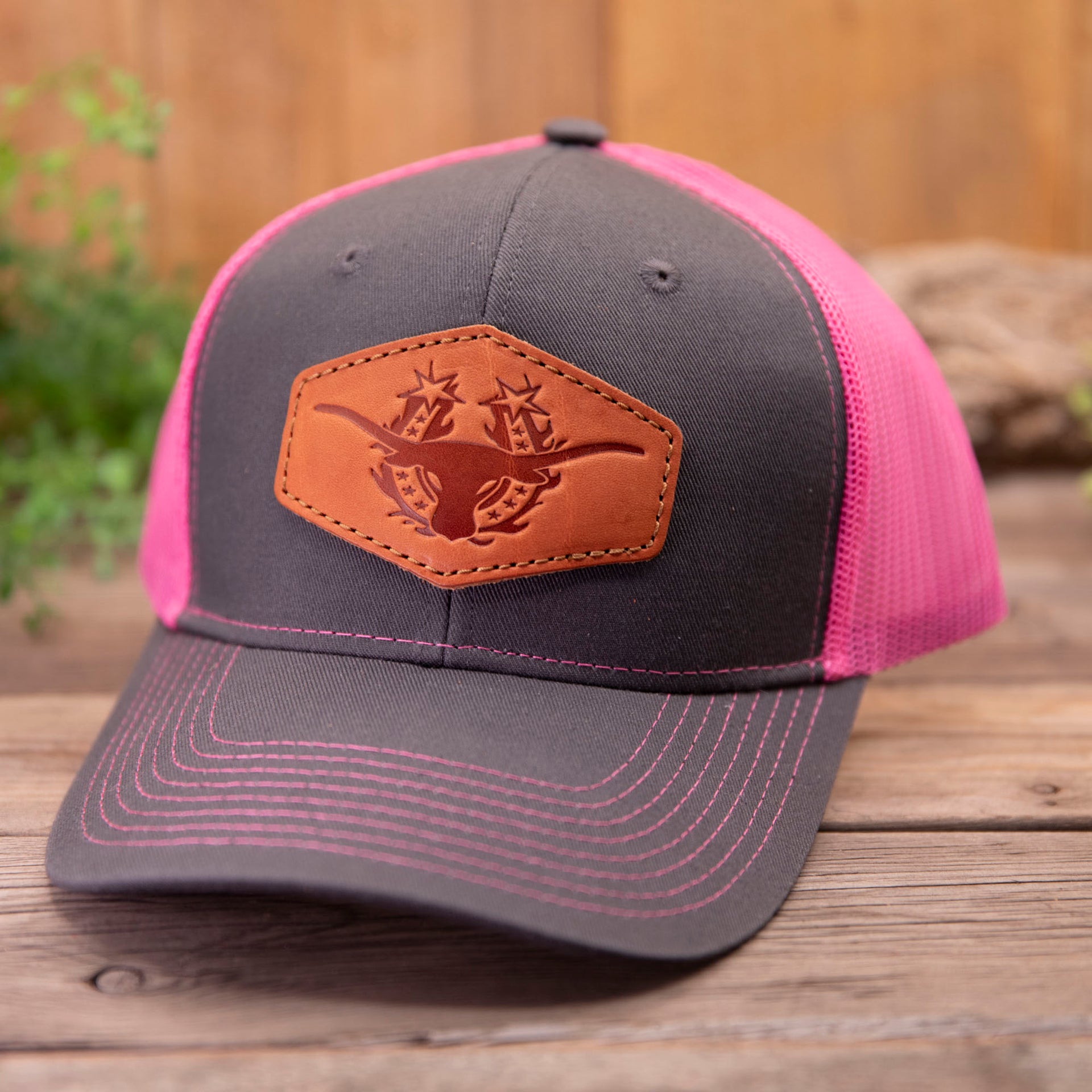 Longhorn Leather Patch Hat - Gray/Pink Longhorn