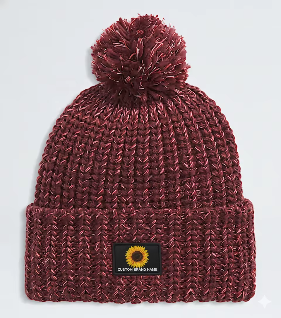 High Grade Quality Winter Thermal Knitted Pom-pom Beanie Chunky Yarn Custom Color Silicon Rubber logo Cuffed Beanie