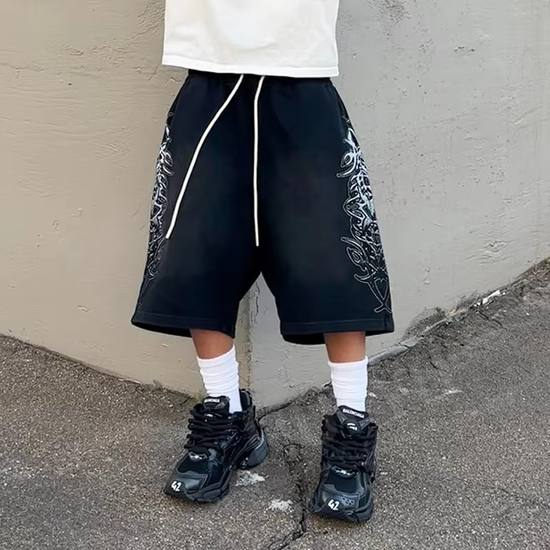 Custom Vintage Streetwear DTG Printed Men Heavyweight 100% Cotton Mid Waist Double Waisted Baggy Sunfaded Wide Leg Shorts