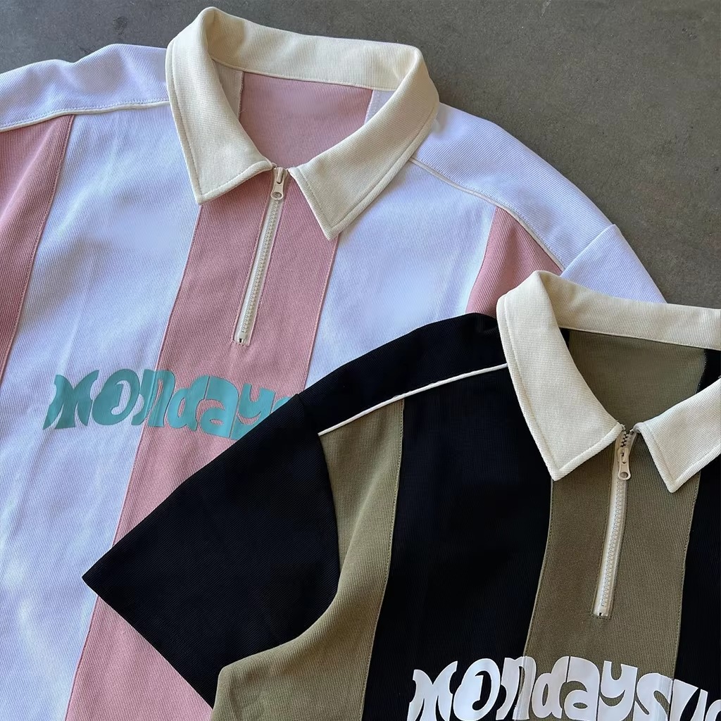 Custom Striped Polo Shirts Sublimation Red White Print Unisex Embroidery Quarter Button Short Sleeve Boxy Cropped Polo T-shirts
