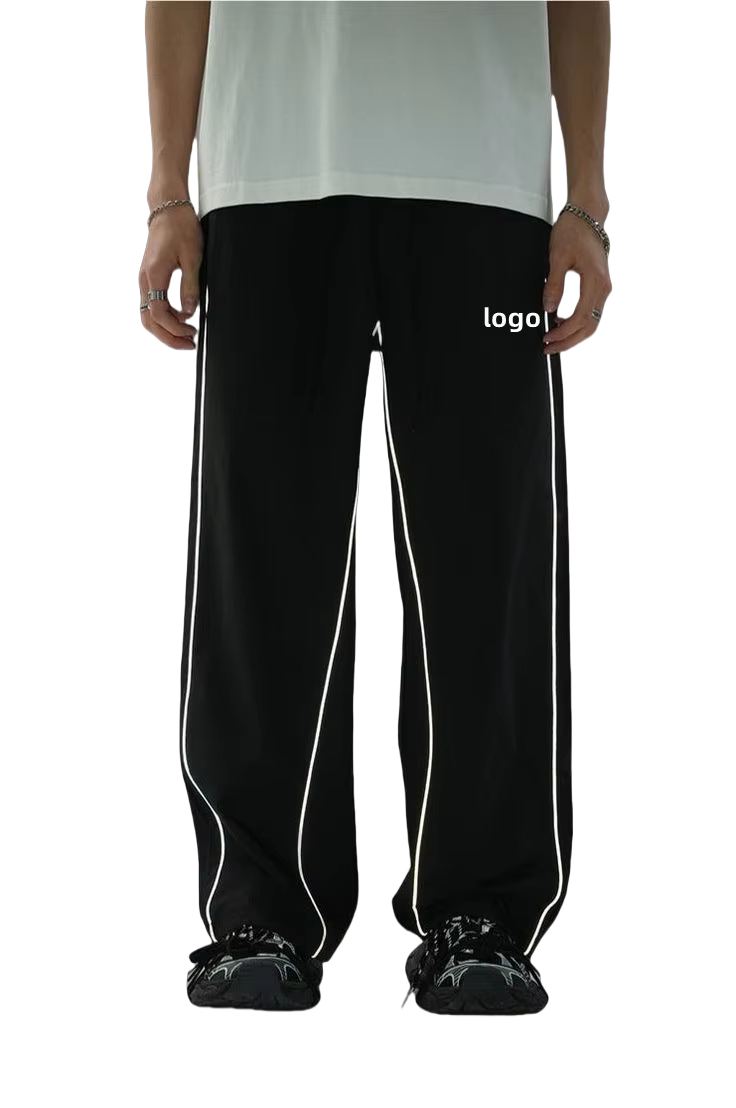 Custom Loose Fit Waterproof Nylon Fabric Utility Baggy Pants Casual Trousers Reflective Piping Striped Track Running Pants