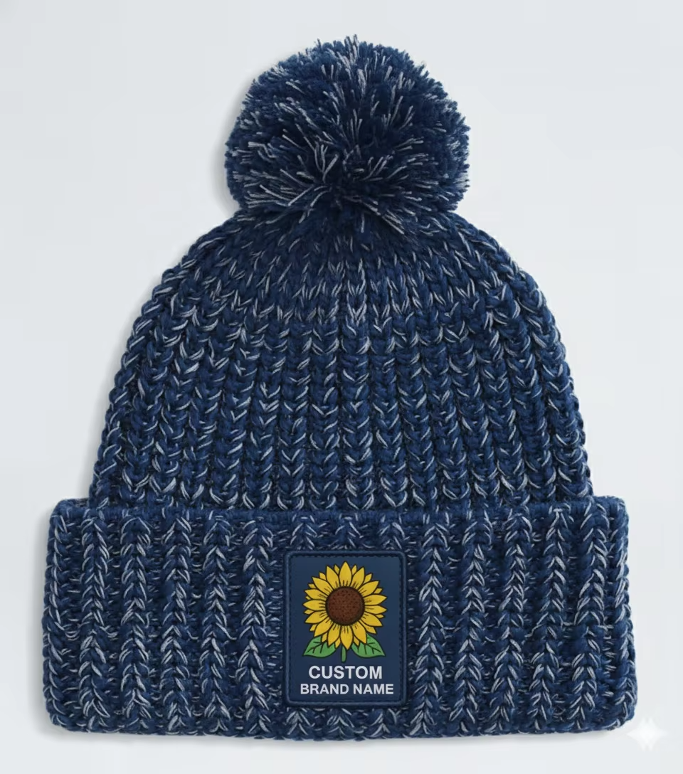 High Grade Quality Winter Thermal Knitted Pom-pom Beanie Chunky Yarn Custom Color Silicon Rubber logo Cuffed Beanie