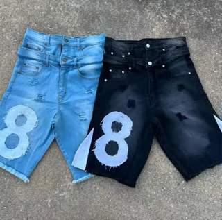 Custom Men's Denim Jeans Shorts Vintage Acid Wash Double Waist Baggy Jorts Embroidered Flared Distressed Ripped Shorts