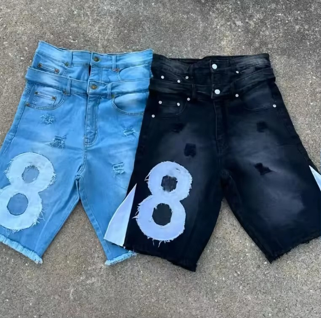 Custom Men's Denim Jeans Shorts Vintage Acid Wash Double Waist Baggy Jorts Embroidered Flared Distressed Ripped Shorts