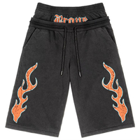 Vintage Washed Loose Fit Bermuda Shorts Fashion Double Waist Flame Cracked Print Drawstring Shorts Summer Casual Cotton Shorts