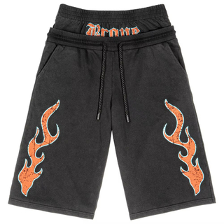 Vintage Washed Loose Fit Bermuda Shorts Fashion Double Waist Flame Cracked Print Drawstring Shorts Summer Casual Cotton Shorts