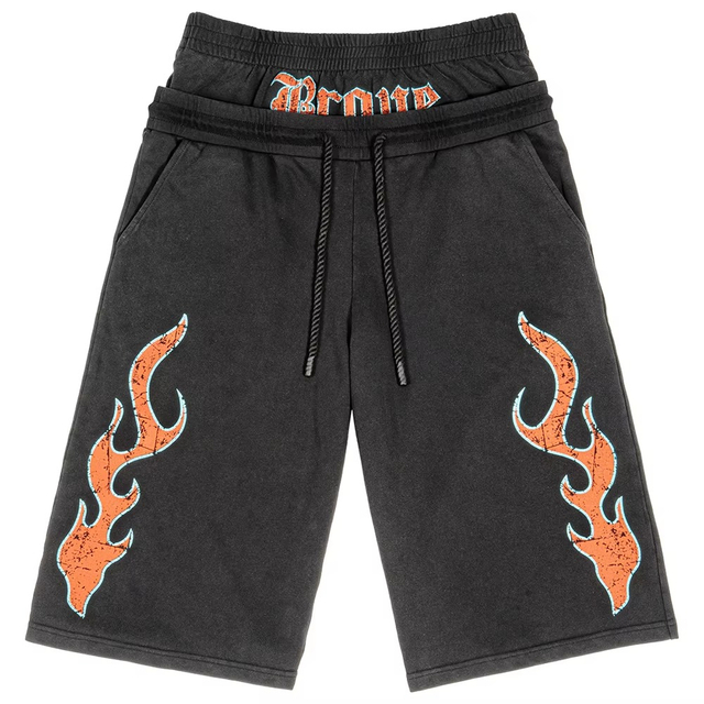 Vintage Washed Loose Fit Bermuda Shorts Fashion Double Waist Flame Cracked Print Drawstring Shorts Summer Casual Cotton Shorts