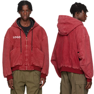 Logo Sulaman Tersuai Kotak Longgar Cuci Asid Vintaj Bersaiz Besar Sesuai Zip Dipotong Hoodie Jaket Kanvas Kapas Berat