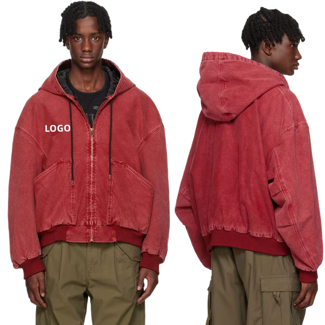 Custom Embroidery Logo Oversized Vintage Acid Wash Loose Box Fit Cropped Zip up Hoodie Heavyweight Cotton Canvas Jacket