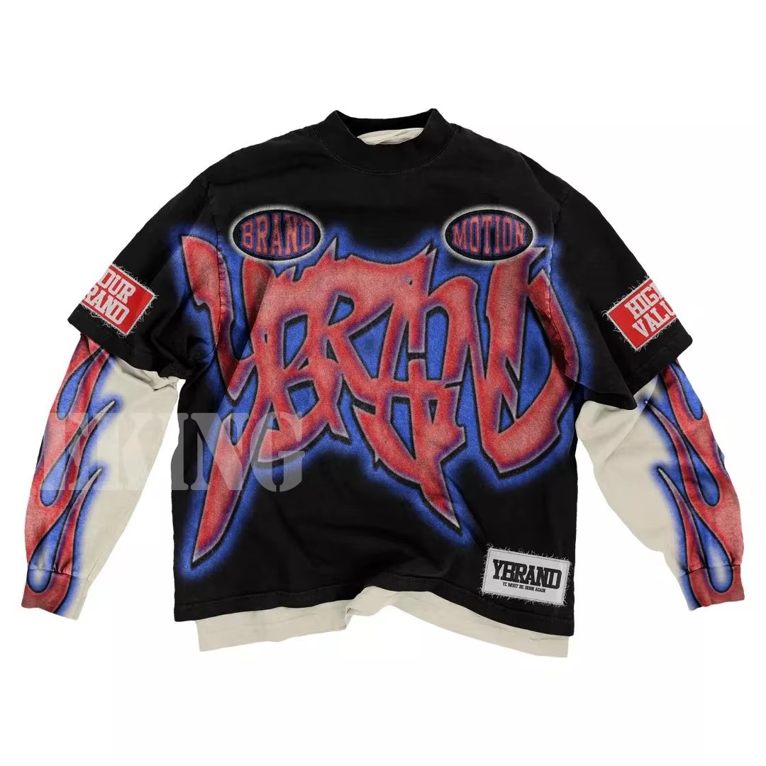 T-shirt a maniche lunghe a doppio strato con maniche a fiamma hip-hop premium in cotone oversize con stampa grafica personalizzata