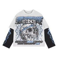 Custom Oversized Streetwear Distressed Full Print Graphic Flame Sleeves Double Layer Long Sleeve T-shirt