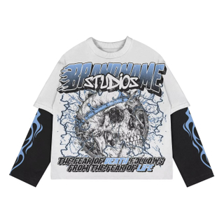 T-shirt a maniche lunghe a doppio strato con stampa grafica completa con stampa streetwear oversize personalizzata