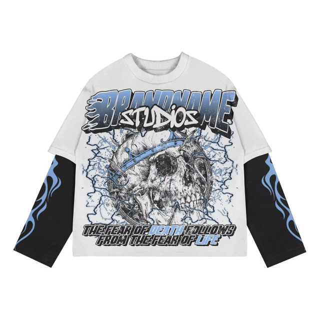 Custom Oversized Streetwear Distressed Full Print Graphic Flame Sleeves Double Layer Long Sleeve T-shirt