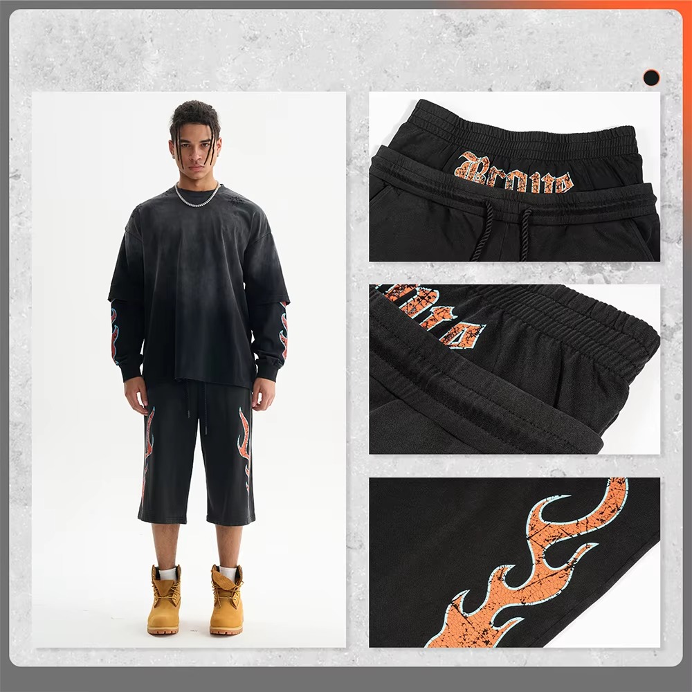Vintage Washed Loose Fit Bermuda Shorts Fashion Double Waist Flame Cracked Print Drawstring Shorts Summer Casual Cotton Shorts