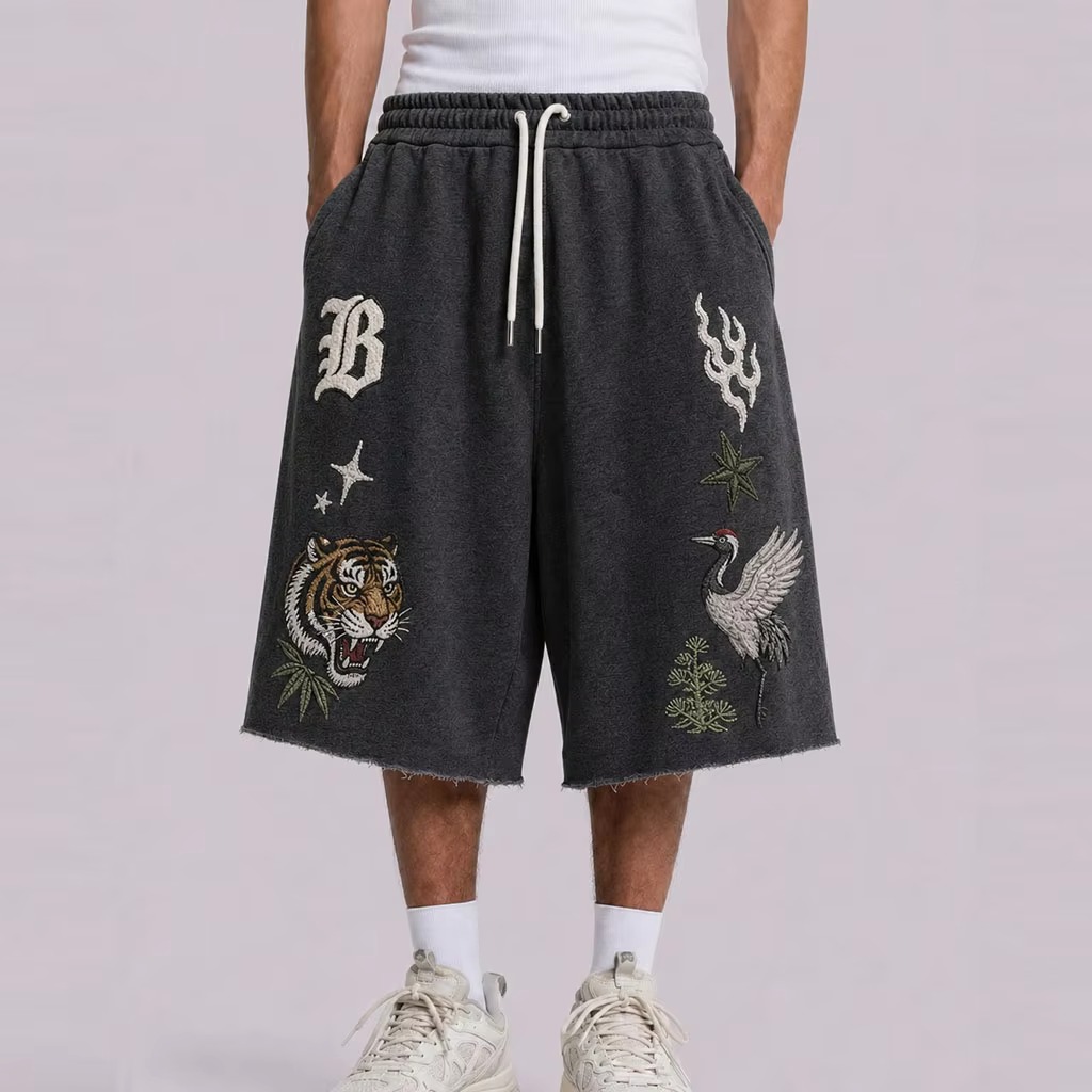 Custom Patterns 3D Embroidery Loose Baggy Sweatpants Men Shorts Custom Design Raw Hem Drawstring Cotton 3/4 Sweatpants Shorts