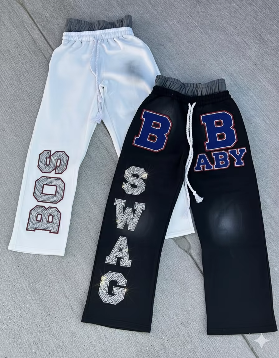 Baggy Sweatpants Custom Design 480 Gsm Loose Wide Leg Sweatpants Blanks Rhinestone Letters Double Waist Sweatpants Unisex