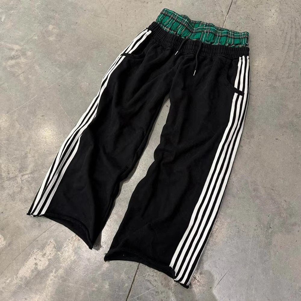 Custom Men's Casual Sweatpants French Terry Stripe Flare Baggy Sweatpants Double Waist High Hip Hop Embroidered Loose Pants