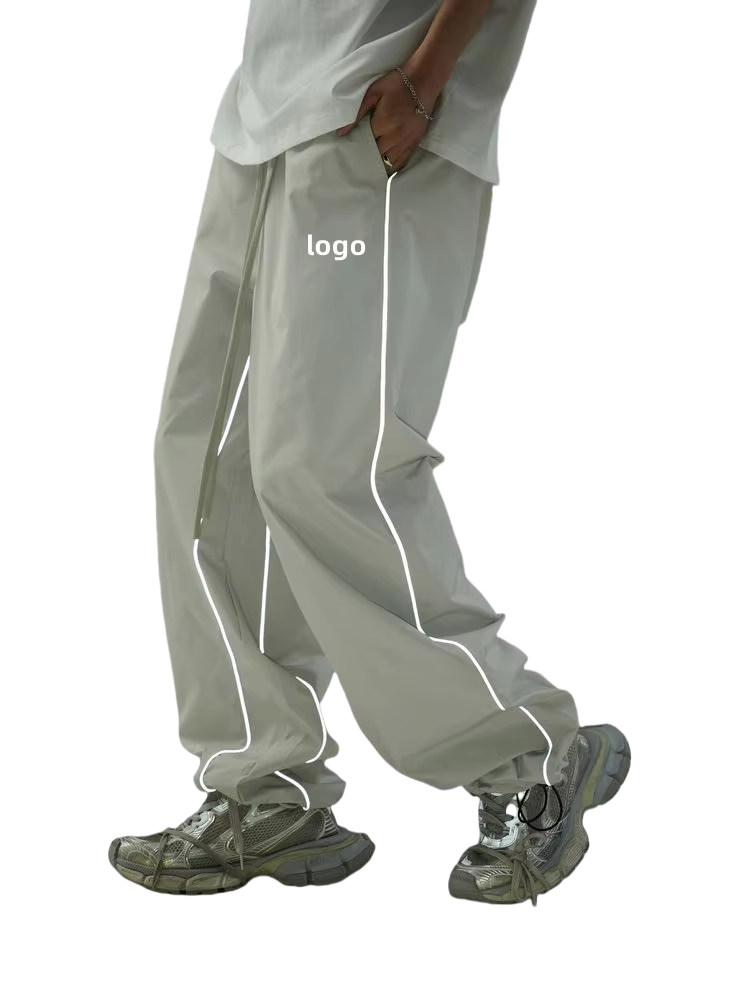 Custom Loose Fit Waterproof Nylon Fabric Utility Baggy Pants Casual Trousers Reflective Piping Striped Track Running Pants