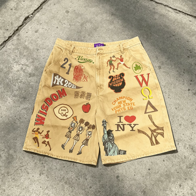 OEM ODM Custom Logo Vintage Washed Mens High Waist Loose Summer Streetwear Canvas Full Print Shorts