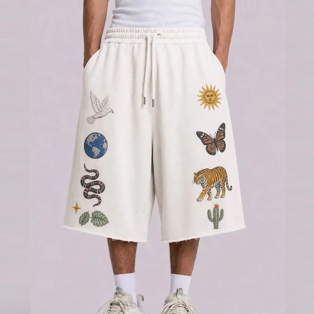 Custom Patterns 3D Embroidery Loose Baggy Sweatpants Men Shorts Custom Design Raw Hem Drawstring Cotton 3/4 Sweatpants Shorts