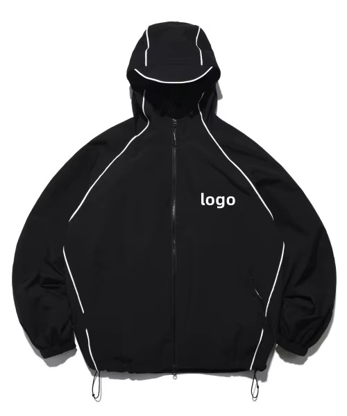 Custom Logo Reflective Piping Running Jacket Men's Waterproof Shell Hooded Jacket Coat Nylon Windbreaker Zip Jacket for Men