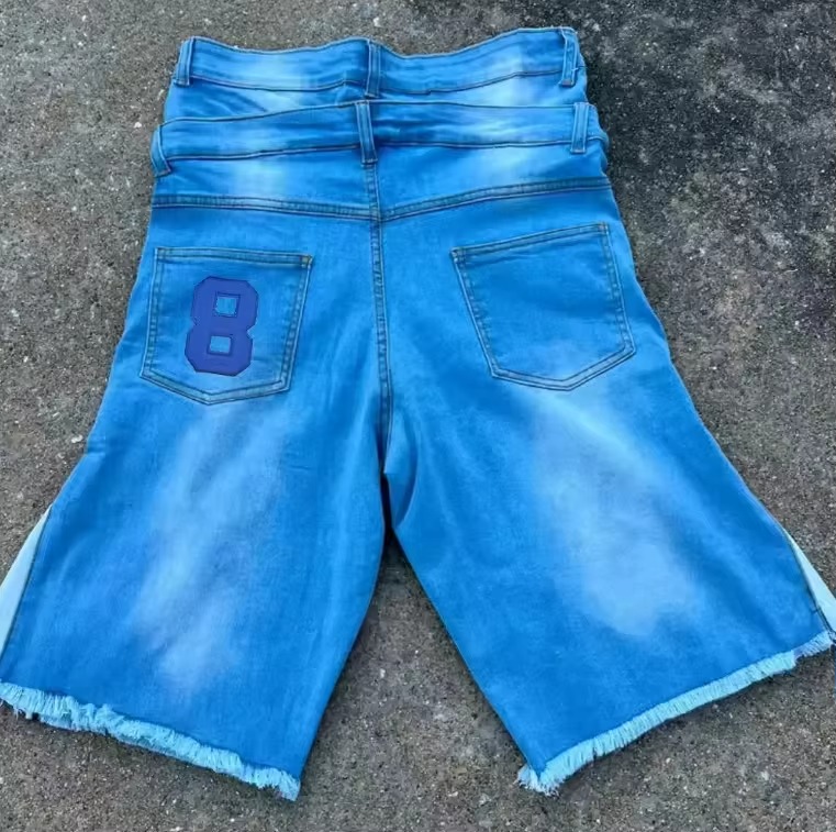 Custom Men's Denim Jeans Shorts Vintage Acid Wash Double Waist Baggy Jorts Embroidered Flared Distressed Ripped Shorts