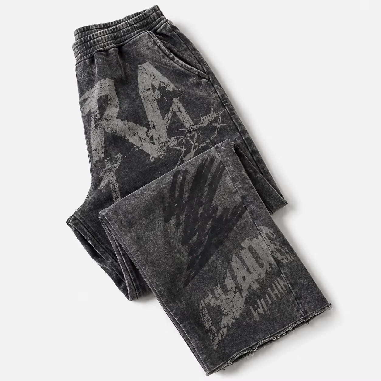 Custom Acid Washed Screen Print Graphics Streetwear Sweatpants Heavyweight Elastic Waist Distressed Hem Baggy Sweatpants Unisex