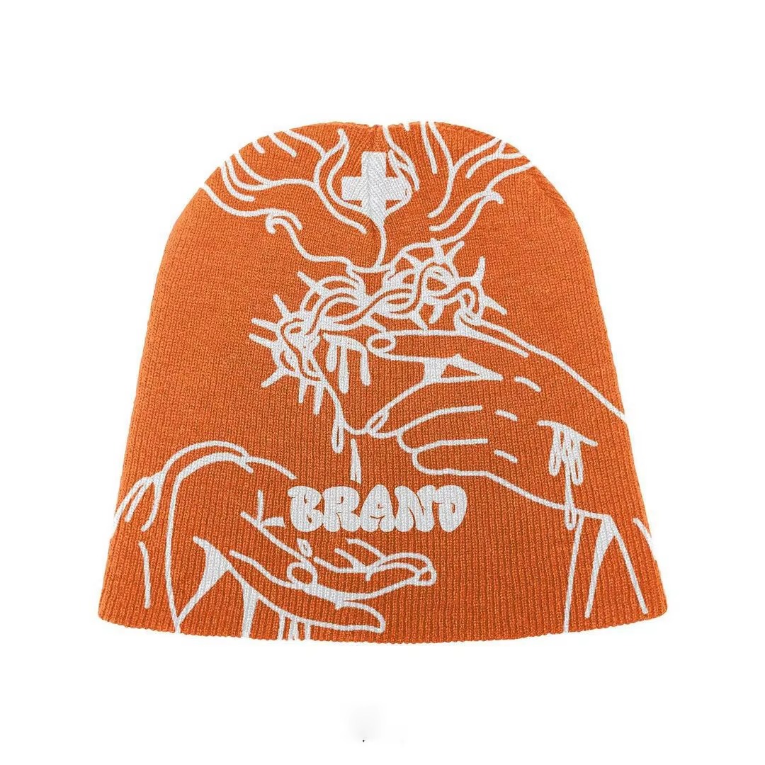 Custom Manufacture All Over Print With Logo Embroidery 100% Polyester Toques Jacquard Acrylic Beanie Hat