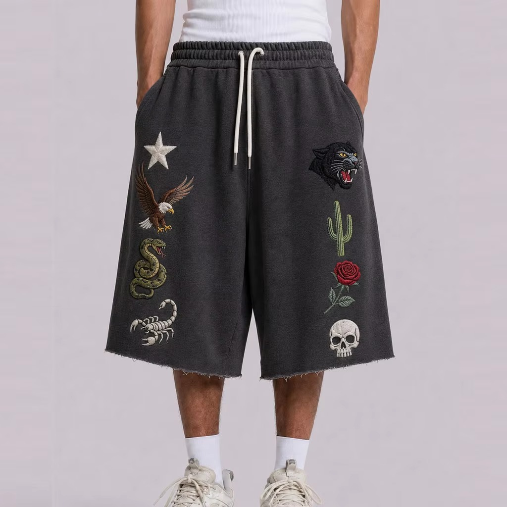 Custom Patterns 3D Embroidery Loose Baggy Sweatpants Men Shorts Custom Design Raw Hem Drawstring Cotton 3/4 Sweatpants Shorts