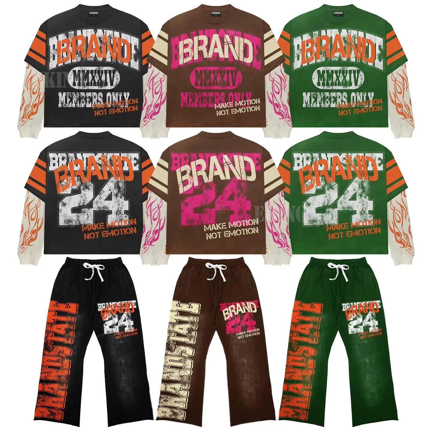 T-shirt a maniche lunghe a doppio strato con maniche a fiamma hip-hop premium in cotone oversize con stampa grafica personalizzata