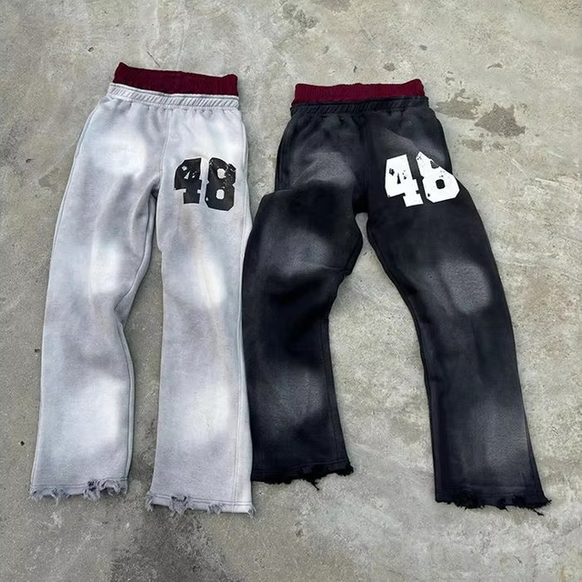 Custom Printing Logo Distressed Double Waisted Acid Wash Flared Sweat Pants Men Sun Faded Washed Baggy Sweatpants
