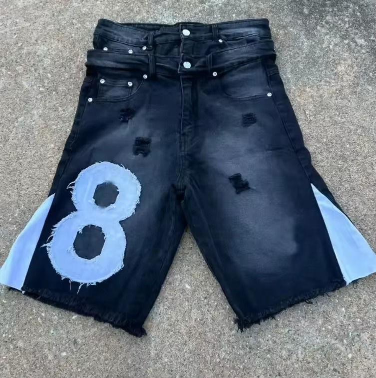 Custom Men's Denim Jeans Shorts Vintage Acid Wash Double Waist Baggy Jorts Embroidered Flared Distressed Ripped Shorts