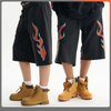 Vintage Washed Loose Fit Bermuda Shorts Fashion Double Waist Flame Cracked Print Drawstring Shorts Summer Casual Cotton Shorts