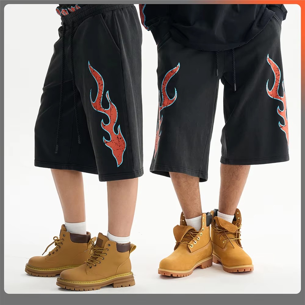 Vintage Washed Loose Fit Bermuda Shorts Fashion Double Waist Flame Cracked Print Drawstring Shorts Summer Casual Cotton Shorts