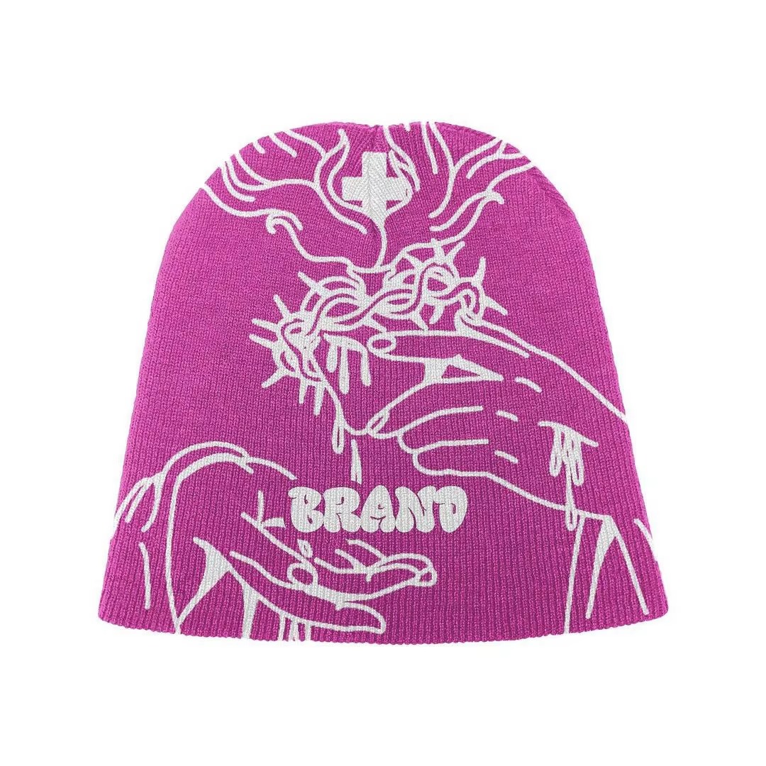 Custom Manufacture All Over Print With Logo Embroidery 100% Polyester Toques Jacquard Acrylic Beanie Hat