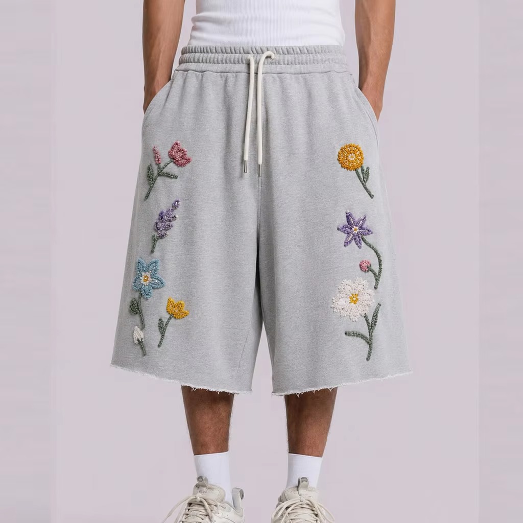 Custom Patterns 3D Embroidery Loose Baggy Sweatpants Men Shorts Custom Design Raw Hem Drawstring Cotton 3/4 Sweatpants Shorts