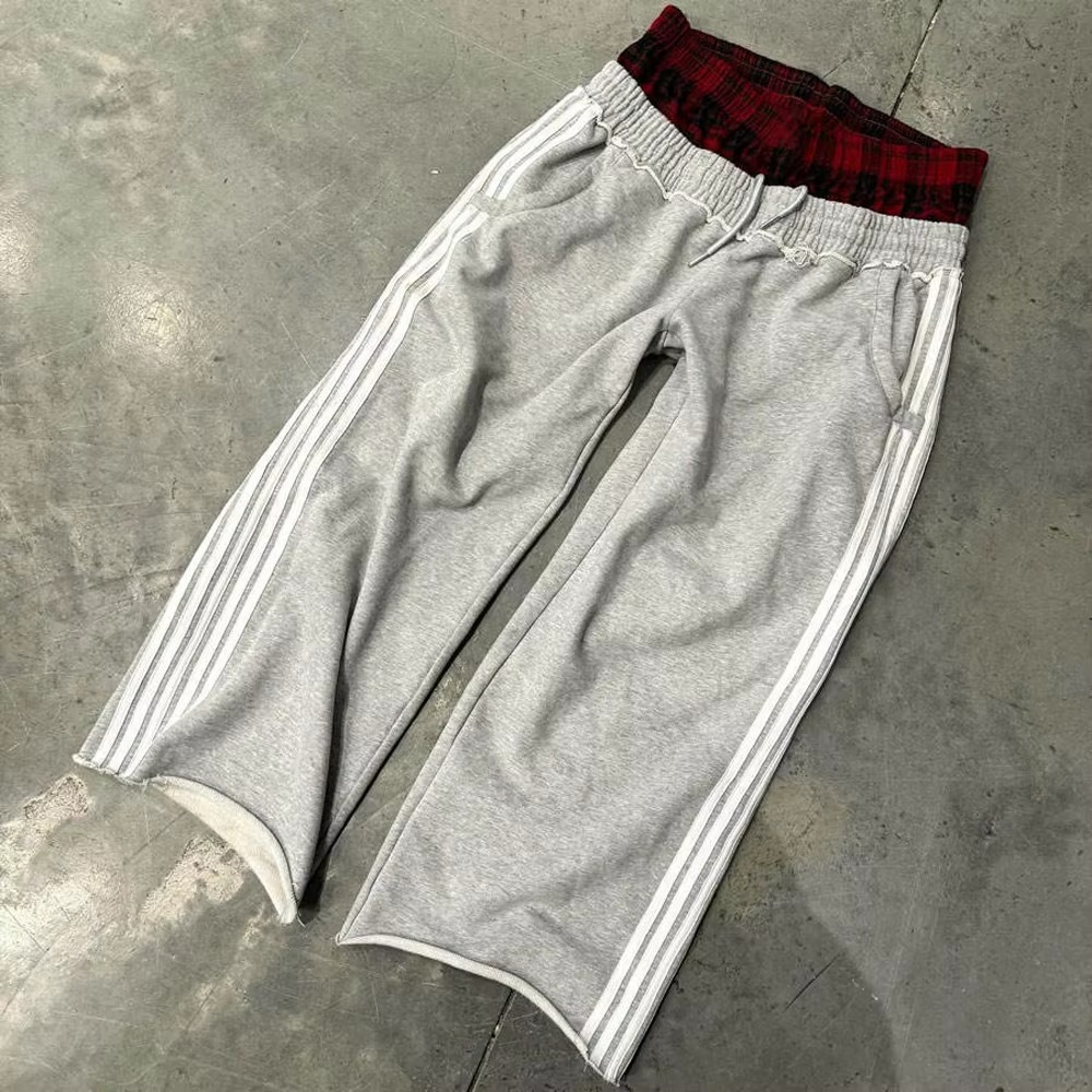 Custom Men's Casual Sweatpants French Terry Stripe Flare Baggy Sweatpants Double Waist High Hip Hop Embroidered Loose Pants