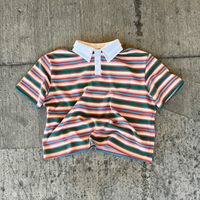 Engros Y2K Retro M&aelig;nd Flerfarvet Vandret Strib Dobbeltlag Hvidkrave Besk&aring;ret Strik Kort&aelig;rmet Street Polo T-shirt