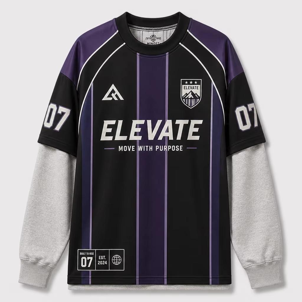 စိတ်တိုင်းကျ အပြည့်အ၀ Sublimated Double Layer အင်္ကျီလက်ရှည် ဘောလုံးပုံစံများ Tees Original Personalized Casual Soccer Streetwear Jersey