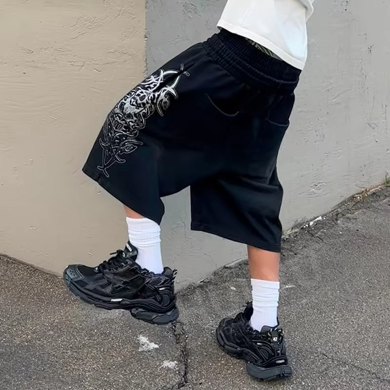 Custom Vintage Streetwear DTG Printed Men Heavyweight 100% Cotton Mid Waist Double Waisted Baggy Sunfaded Wide Leg Shorts