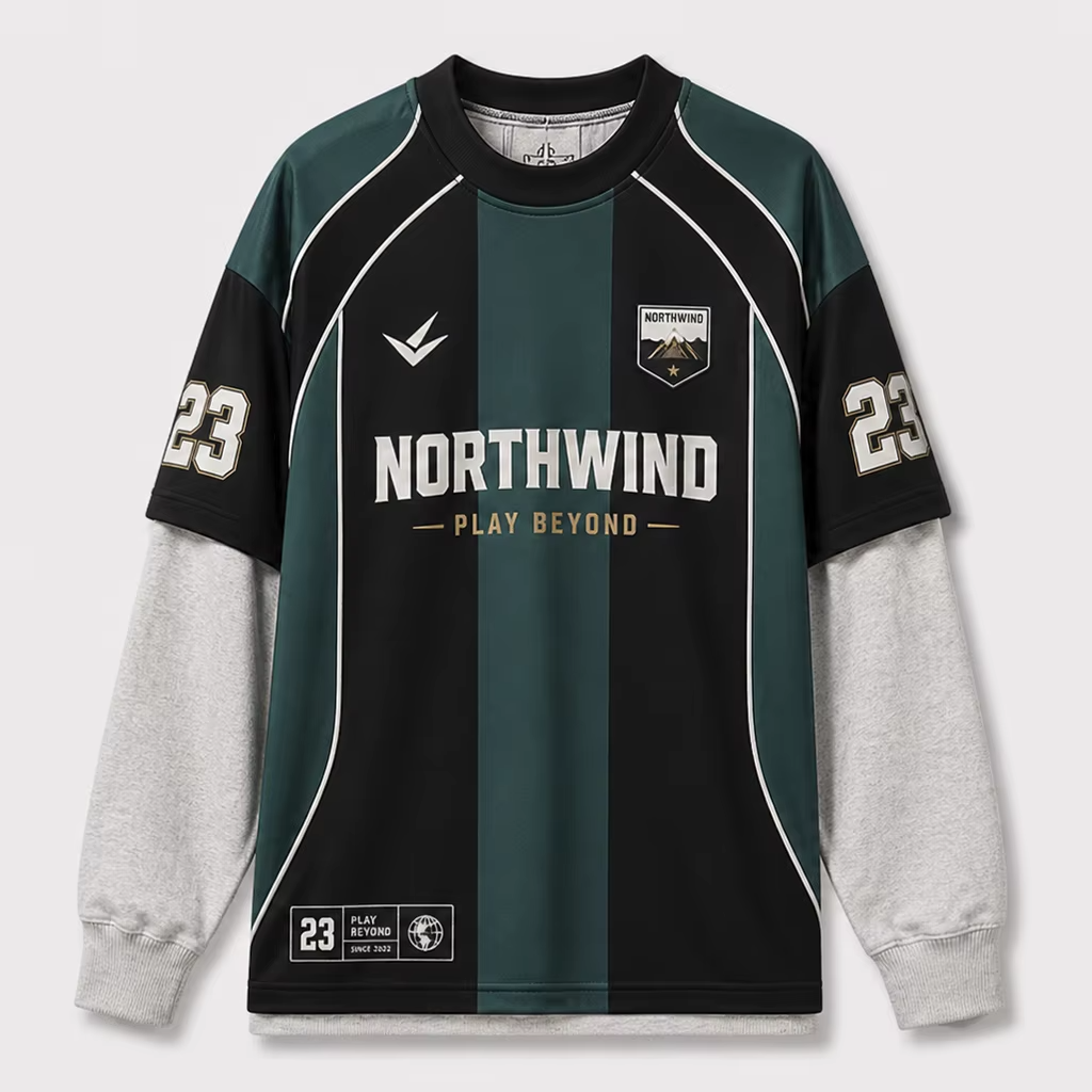 စိတ်တိုင်းကျ အပြည့်အ၀ Sublimated Double Layer အင်္ကျီလက်ရှည် ဘောလုံးပုံစံများ Tees Original Personalized Casual Soccer Streetwear Jersey
