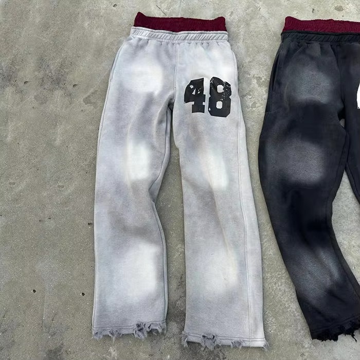 Custom Printing Logo Distressed Double Waisted Acid Wash Flared Sweat Pants Men Sun Faded Washed Baggy Sweatpants
