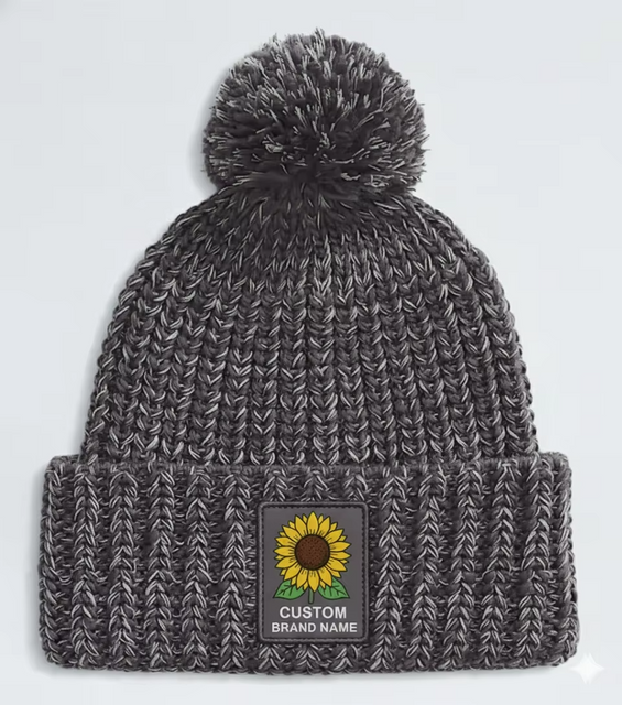 High Grade Quality Winter Thermal Knitted Pom-pom Beanie Chunky Yarn Custom Color Silicon Rubber logo Cuffed Beanie